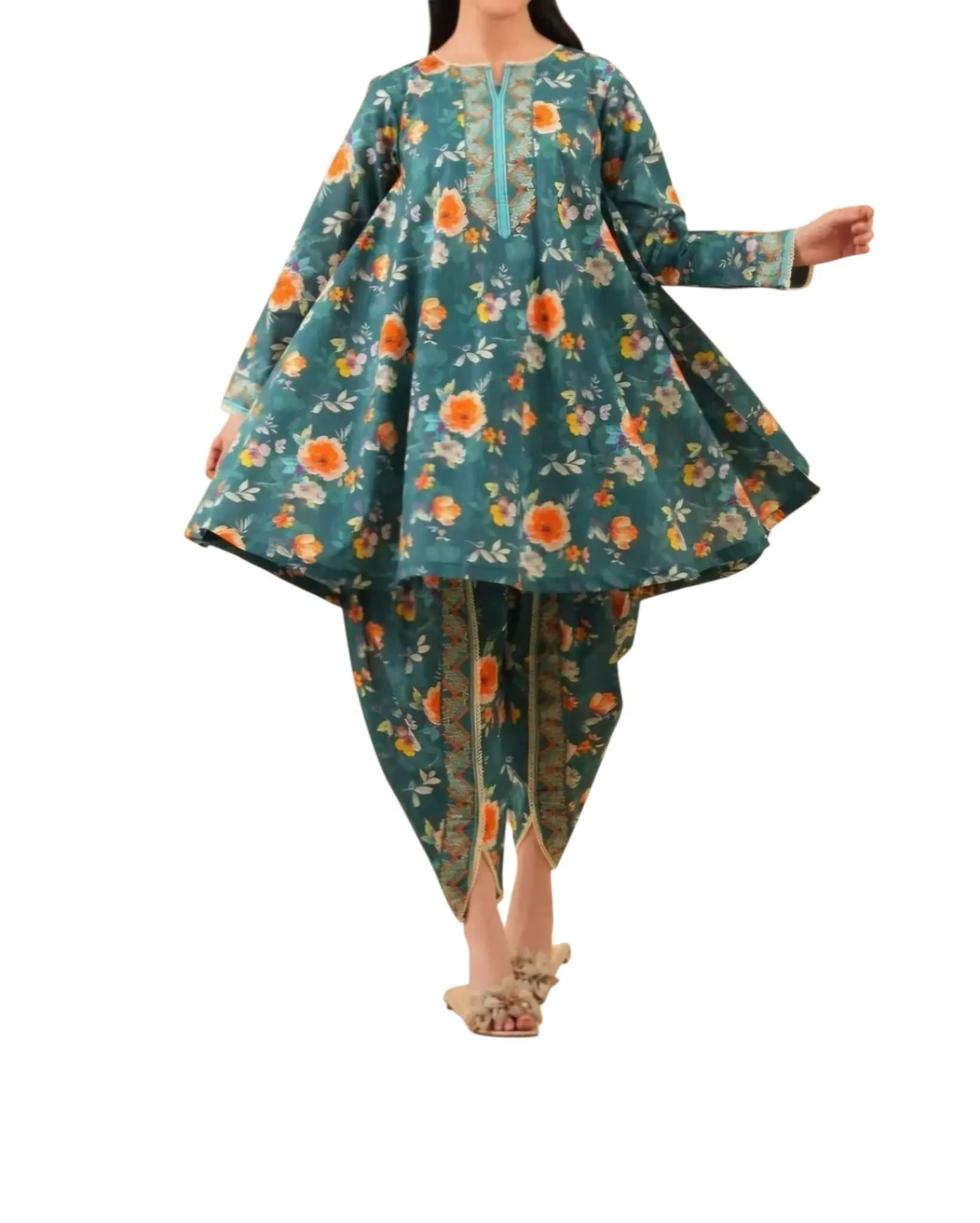 Women's 2-Piece Ready-to-Wear Lightweight Soft Cotton Salwar Suit Set - Teal Green Floral Printed A-Line Shirt with Statement Embroidery Placket, Tulip Shalwar, Breathable Flared Silhouette, Elegant Fabric for Casual Chic Wear