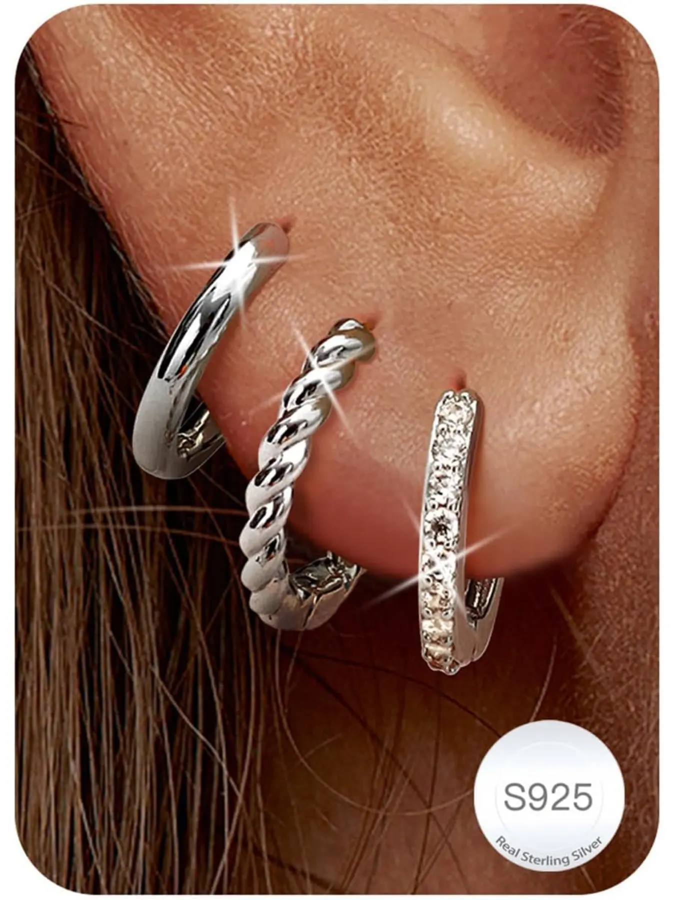 3 Pairs Sterling Silver Hoop Shape Earrings for Women Silver Gold Hoops Earrings Hypoallergenic Huggie Cartilage Earring Small Sleeper Stackable Earrings Set Earring Stacking Set Earring Sets