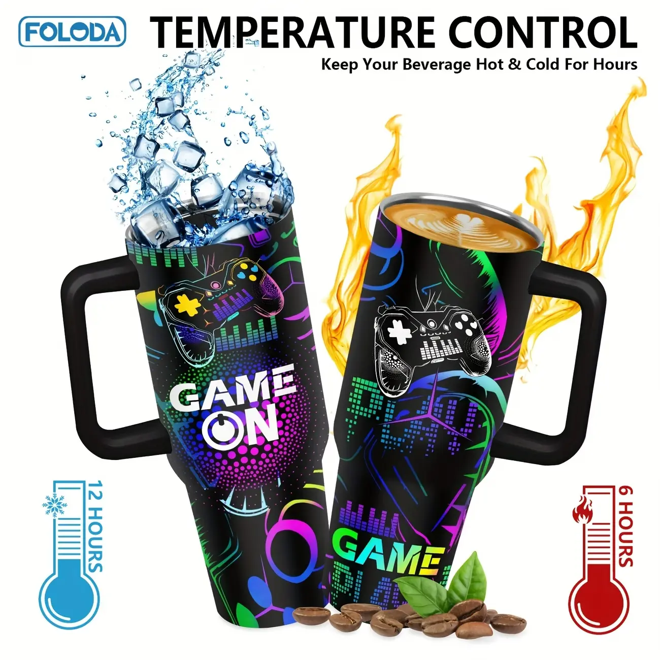 Game Tumbler Insulated Stainless Steel 40oz with Lid Handle Straw Coffee Mug-Travel Cups Gifts for Gamer Men Teenagers Friends Game Lover for Christmas Birthday Valentine's Day Best Exquisite Art Gifts Outdoor-Office-Keep Drink Hot&Cold