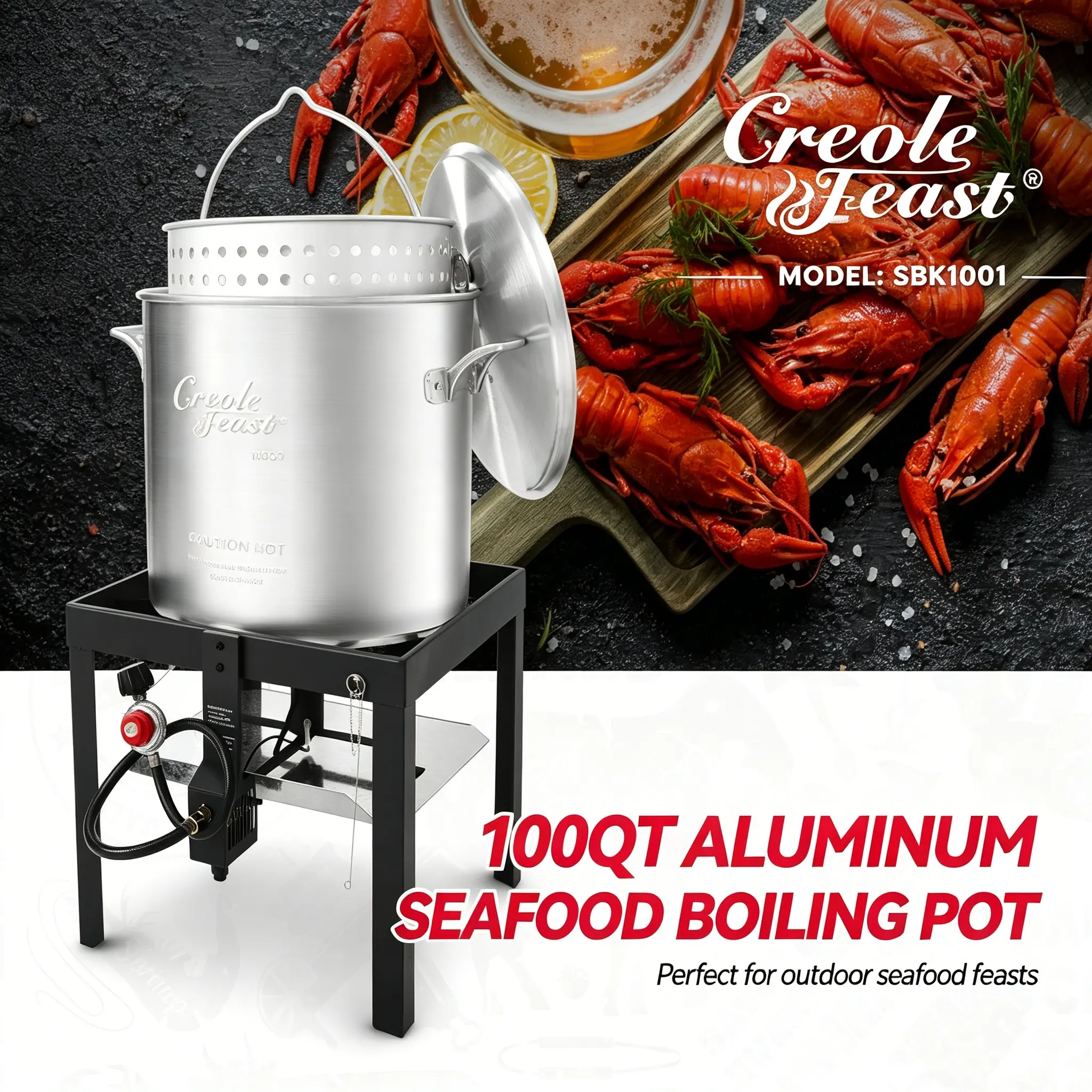 Creole Feast SBK1001 100 QT Seafood Boiling Kit, 100,000 BTU Propane Boiler with Strainer & 10 PSI Regulator, Complete Aluminum Outdoor Cooker for Seafood Boil, Shrimp, Crab, Crawfish, Black & Silver Portable Gas Stove Portable Gas Stove
