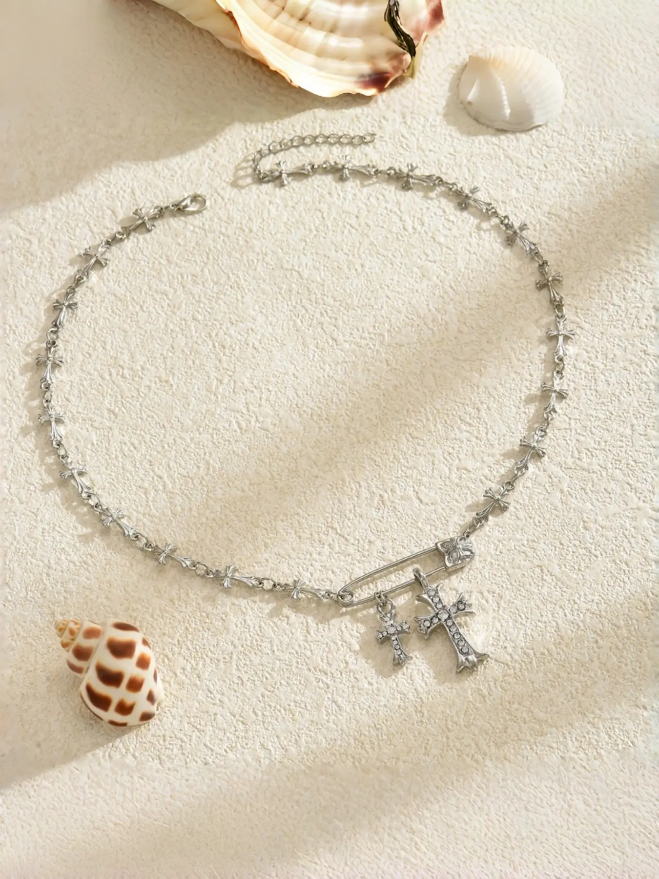 Retro Cross Safety Pin Necklace, Cross Chain, CZ Double Cross Charm, Cross Chain Design, Distressed Silver Y2K Choker, Trendy Jewelry, Alt Girl Subculture Essential, Cubic Zirconia Necklaces, Grunge Cross Necklace