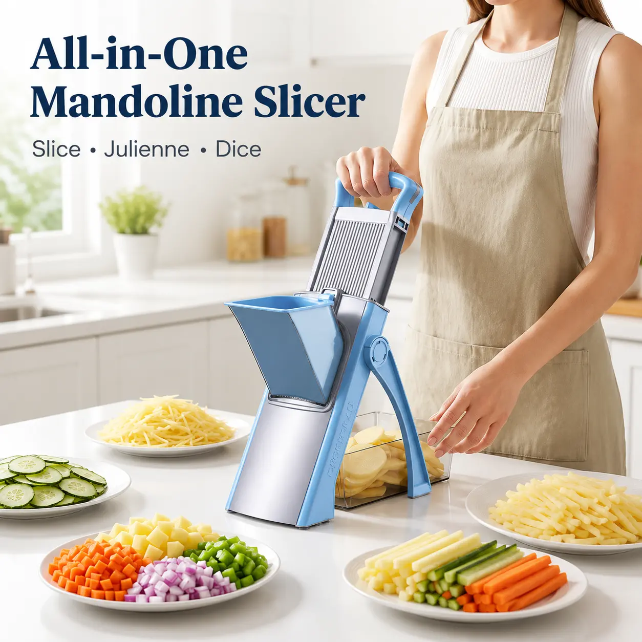 4-in-1 Safe Mandoline Slicer, Adjustable 0–8mm Vegetable Chopper & Potato Fries Cutter, Slice Julienne Dice & Strips, Foldable Kitchen Gadget for Meal Prep & Back to School