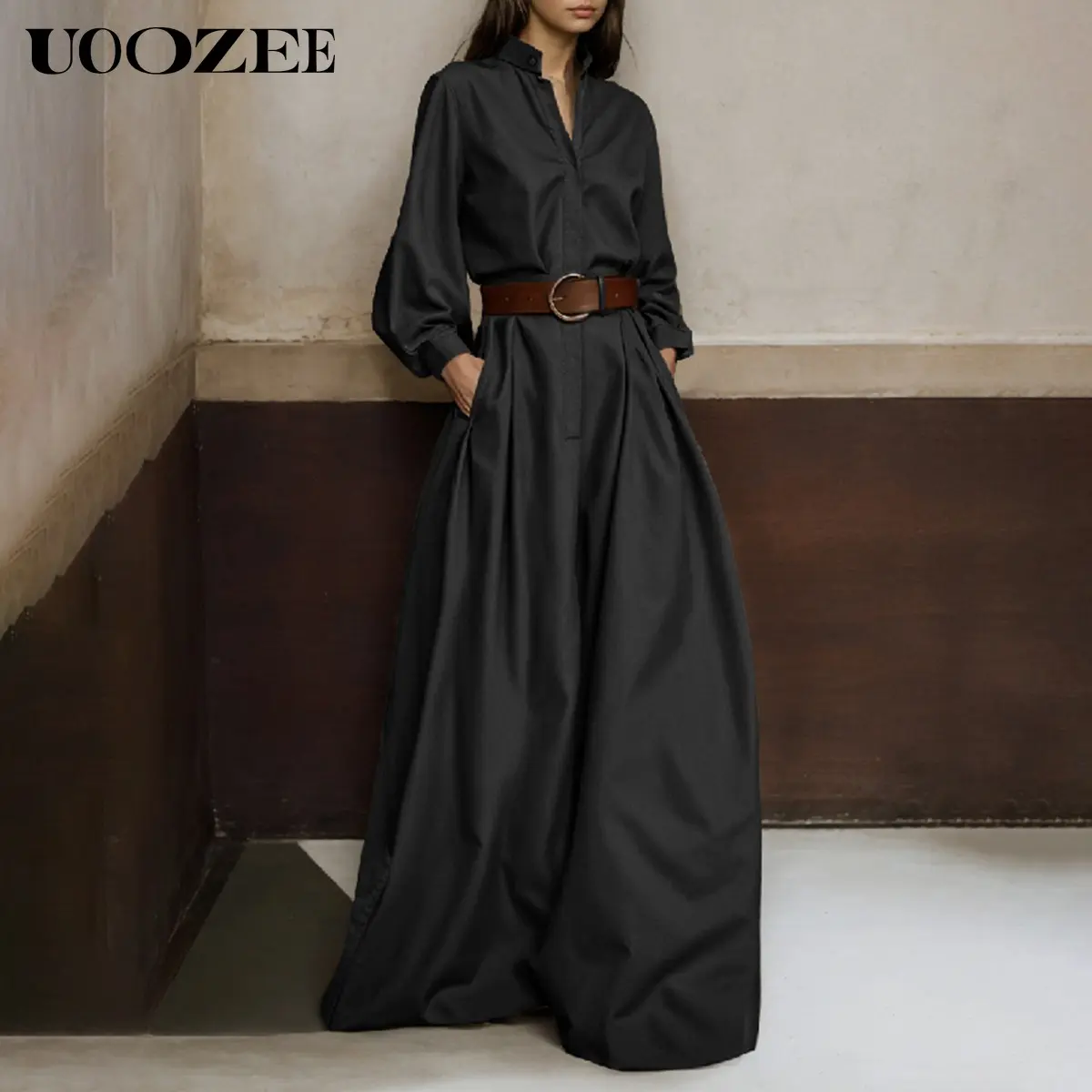 UOOZEE Women's High-Waisted No Belt Wide-Leg 1-Piece Outfit - Minimalist Plain Stand Collar Loose-Fitting Jumpsuits All-Season Stylish Women's Wear, Plain Jumpsuits,