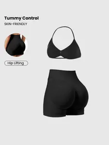 Women's Two-Piece Gym, Halter Top & High-Waisted Shorts, Suitable for Gym and Yoga, Sporty Fitted Sleeveless Set, Backless Gym Clothes