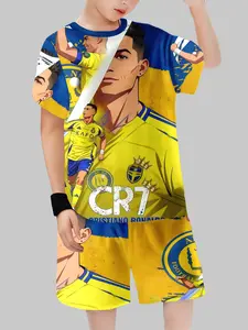 Kids CR7 Al Nassr Football Sports Suit - Yellow Cartoon Edition Short Sleeve Tee & Shorts