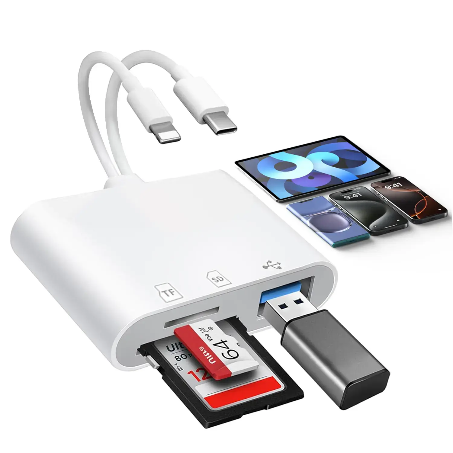 SD Card Reader for iPhone iPad, USB C & Lightning Dual Interface Memory Card Reader, Digital Camera Adapter to iPhone/MacBook/USBC Laptop for SD/TF/Sim Card, Plug & Play, Camera Accessories