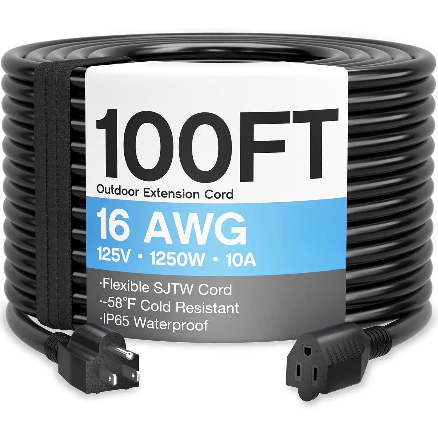 Outdoor Extension Cord 100 Ft Weatherproof Black 3 Prong for Lawn & Garden, Workshop, Holiday Lighting – Heavy Duty Flame Retardant 16/3 16AWG 10A 1250W 125V SJTW ETL Listed Power Cable