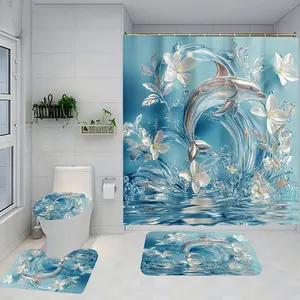 1/4 piece sea flower design bathroom set, including soft floor mat, toilet seat cushion, shower curtain, creating elegant decoration, home decoration. The floor mat has good rebound, water absorption, anti slip, and is the first choice for gift giving