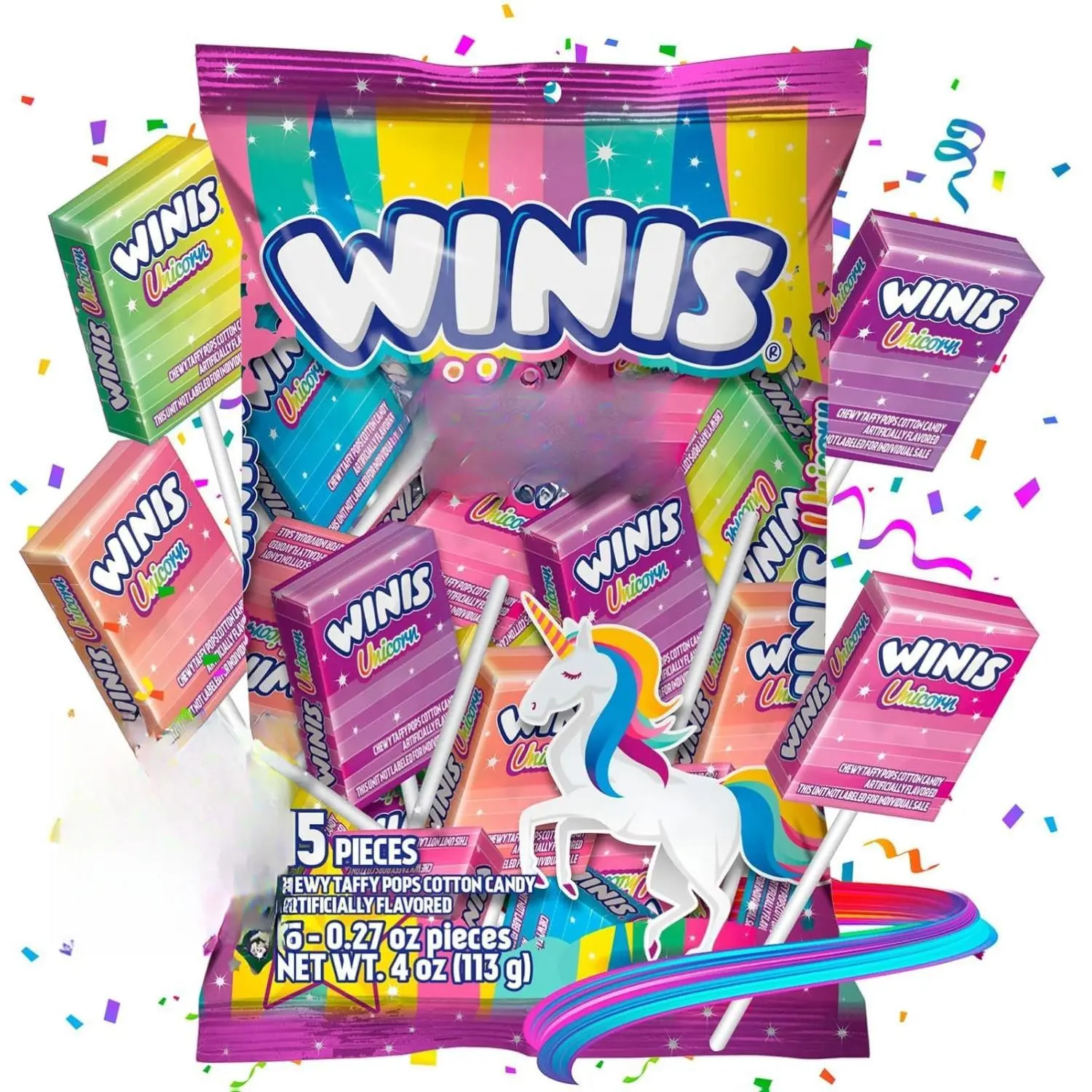 Unicorn | Chewy Taffy Pops | Cotton Candy Flavored | Sharing Size 4.3 Oz Bag - 15 Pieces | Gifts, Holiday, Parties, Concessions, Pantry, Non-Melting, Party