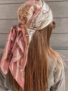 New 90cm Silk Scarf, Fashionable Chain Design, Multi-Functional Women's Headscarf, Elegant Fitted Square Scarf, All Seasons, Fashion Hair Scarves