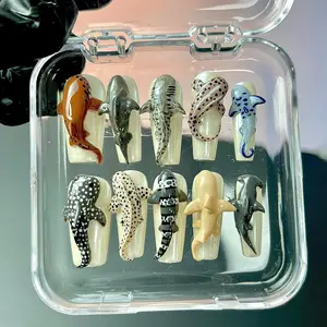 Aura Nails - 3D Shark Press On Nails Design – 3D Ocean Nail Art - Handmade Marine Life Fake Nails - Realistic Aquarium Press On Nails - Custom Nails