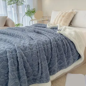 Blue Lamb Velvet Quilted Blanket, Thick Soft Warm, Fashionable Diamond Pattern, Multi-Functional Throw, Christmas Gift, Bed Blanket