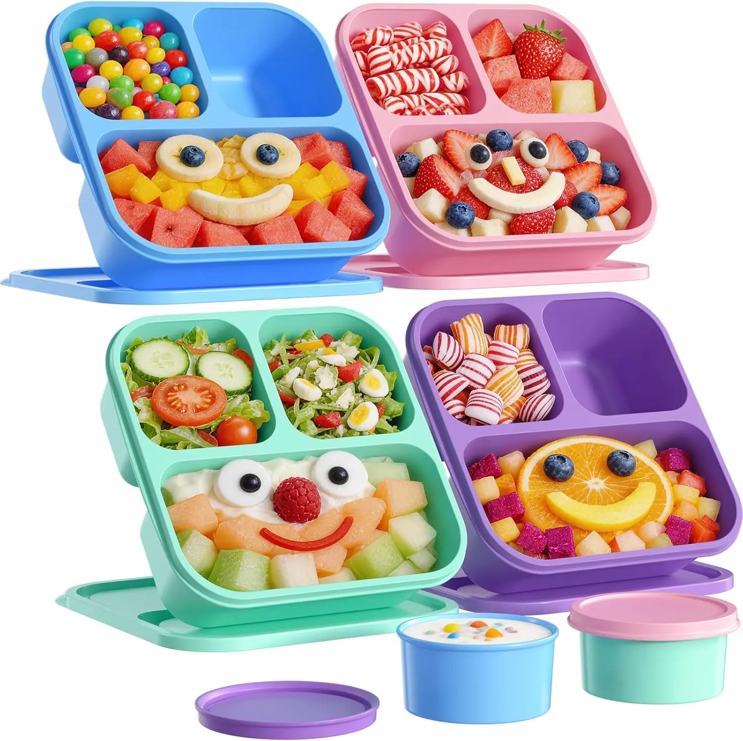 4 Pcs Bento Box Set, Reusable 3 Compartments Snack Boxes with 2 Leakproof
