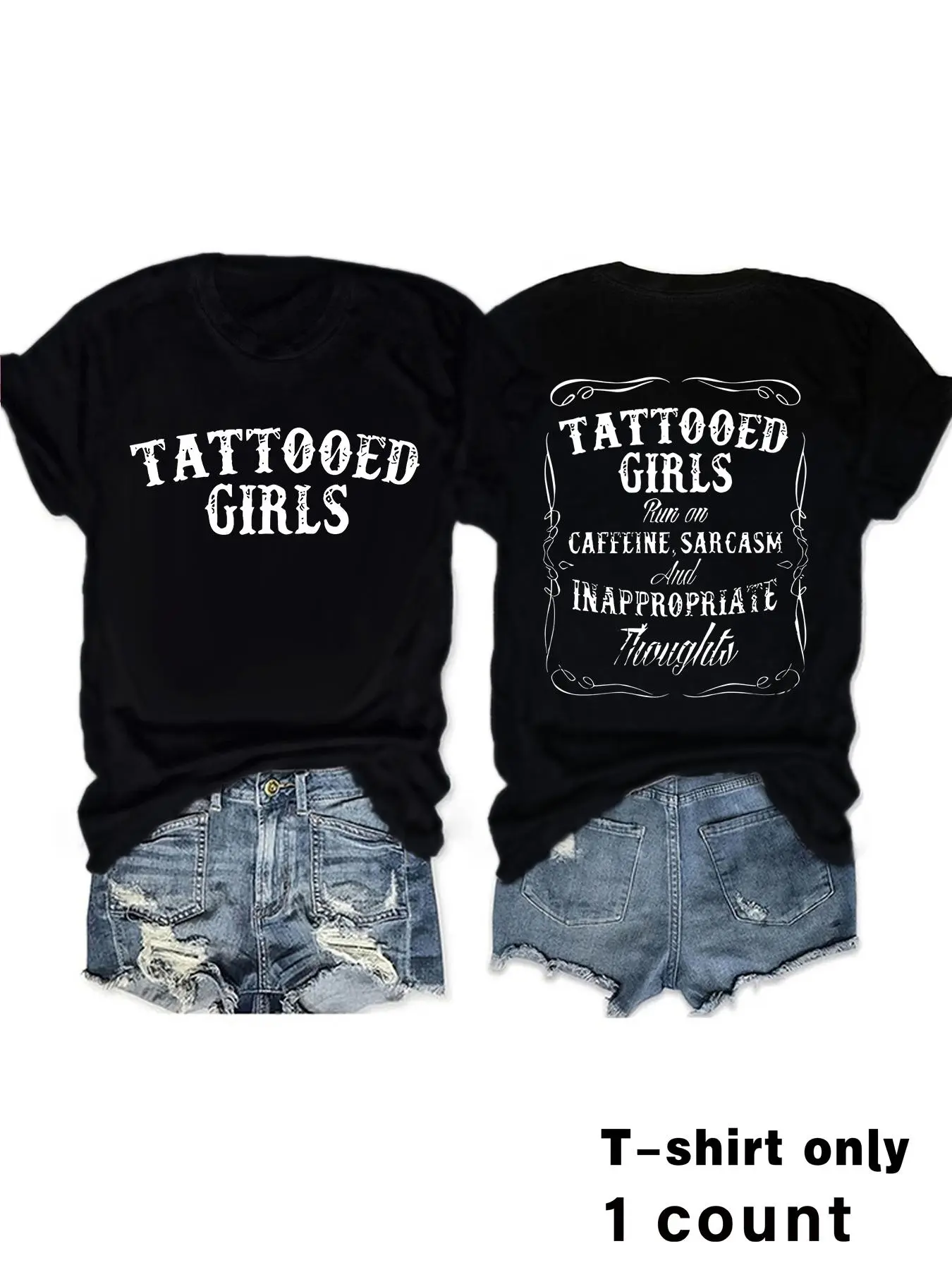 Women's Tattooed Girls Print Round Neck Tee, Vintage Trendy Casual Streetwear Short Sleeve Fitted T-shirt for Daily Wear, Casual Everyday Top, Ladies Summer, Top, Casual Tops, Womenswear