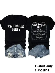 Women's Tattooed Girls Print Round Neck Tee, Vintage Trendy Casual Streetwear Short Sleeve T-shirt for Daily Wear, Ladies Summer, Top, Womenswear