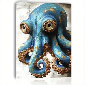 1 Piece Blue Octopus Wooden Frame Canvas Wall Art, Artwork for walls - Rustic Modern Style, Ocean Inspired Design, 11.8x15.7inch, Ready to Hang, Suitable for Home Decoration, Gift for Him or Her, 2D Flat