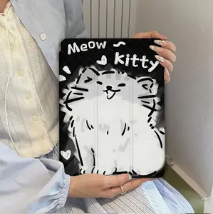 Black White Meow Kitty Doodle Smart Trifold Case, Auto Wake/Sleep & Durable Protection, Fits for iPad Mini4/5/6/7, Air1/2/3/4/5/6/7, Gen5/6/7/8/9/10/11, Pro11"(2020-2025) & Galaxy Tab S6 Lite, A9+, S7/S8/S9/S9FE/S10FE, S7+/S8+/S9+/S10