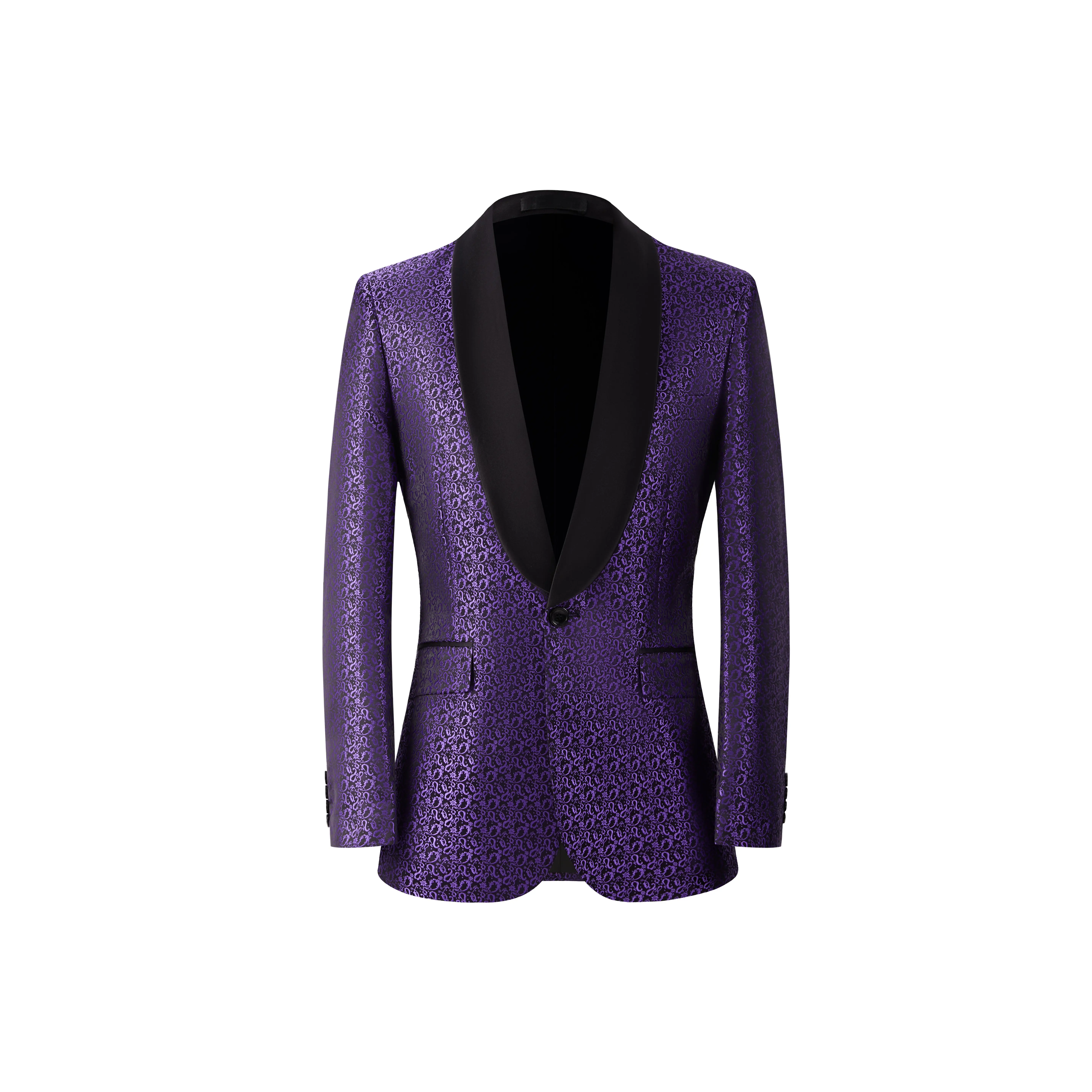 Men’s Piece Jacquard Tuxedo Suit – Patterned Shawl Lapel Blazer & Black Dress Pants, Slim Fit Formal Wedding Prom Party Outfit, Black Bow Tie Included