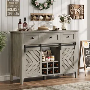 Farmhouse Buffet Cabinet with Sliding Barn Door - Rustic White & Brown Sideboard - 3 Drawers, Adjustable Shelf, Removable Wine Rack - Flexible Storage for Dining, Kitchen, or Living Room - 47.2''/59'' Wide