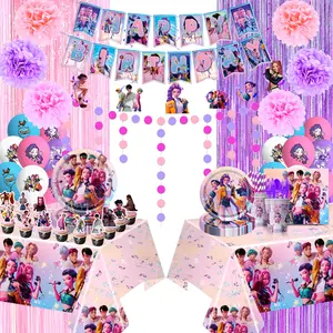 K-POP themed birthday party decorations: banners, paper plates, paper cups, paper towels, balloons, and supplies set.