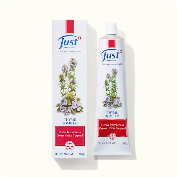 Just Thyme Cream - Crema de Tomilo - 96 g. Massage cream with thyme and aromatic essential oils. A massage on the chest, neck, back and soles of the feet relaxes the tensions that build up in the chest, causing discomfort in winter and allergy season.