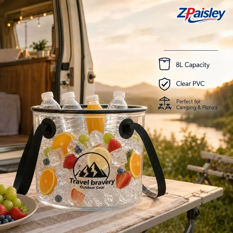 8L Clear PVC Collapsible Bucket, Portable Leak Proof Foldable Water Bucket with Reinforced Carry Handles, Lightweight Space Saving Outdoor Ice Bucket for Camping Picnic Hiking Fishing Beach Road Trip, Reusable Transparent Water Container