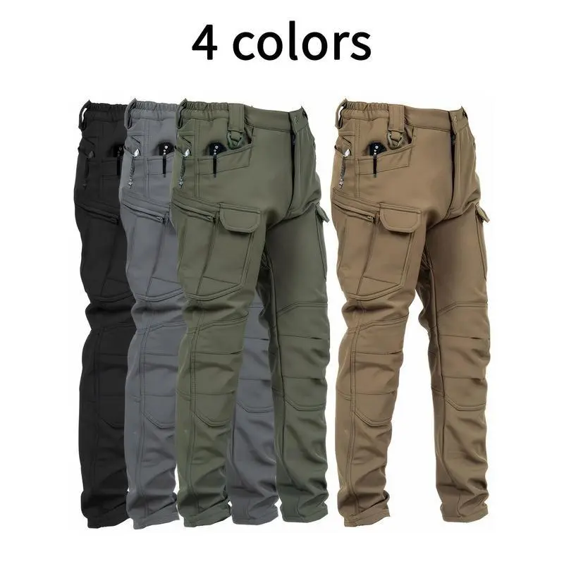 Men's Fleece Cargo Pants, WaterProof Tactical Pants, Loose Casual Windproof Waterproof Outdoor Military Pants, Trousers with Multi Pockets ( No Belt ), Perfect for Hiking, Clamping, Winter Menswear Beige Grey Plain sweatpants slim fit pant men