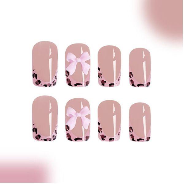 24 Pcs Short Press On Nails – Leopard French Tip with Pink Glossy Bow Design, Full Cover Glue-On False Nails for Women, New Year Gift Manicure Set