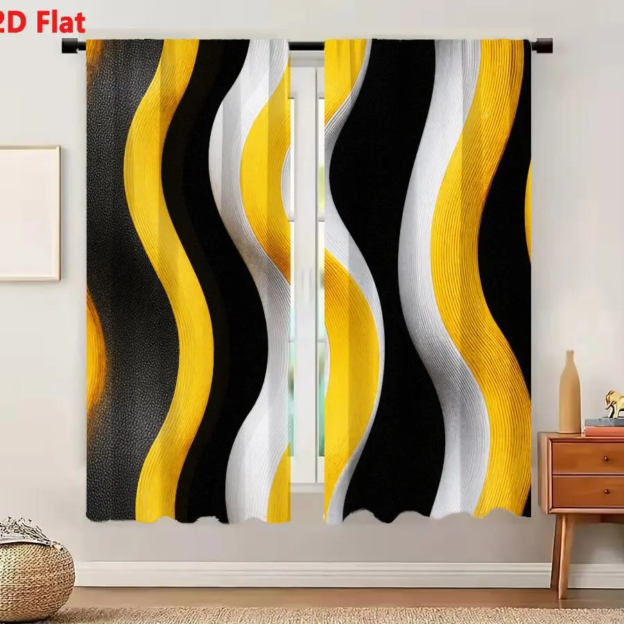 2Pcs Curtains 2D Flat Vertical Glowing Golden Yellow Light Bands On Dark Background Abstract Atmospheric Minimalist Design Window Drapes for Bedroom Room Decor Decoration Window Treatment Home Decoration Curtain