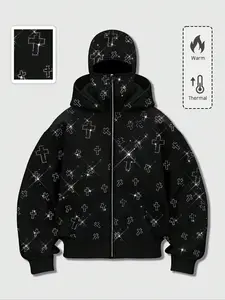 Men's Street Style Rhinestone HooMen's Street Style Rhinestone Hooded Sweatshirt, Pocket and Zip Design, Fall & Winter Wear, Geometric Pattern, Fitted Fitded Sweatshirt, Pocket and Zip Design, Fall & Winter Wear, Geometric Pattern, Fitted Fit