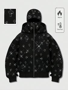 Men's Street Style Rhinestone HooMen's Street Style Rhinestone Hooded Sweatshirt, Pocket and Zip Design, Fall & Winter Wear, Geometric Pattern, Fitted Fitded Sweatshirt, Pocket and Zip Design, Fall & Winter Wear, Geometric Pattern, Fitted Fit