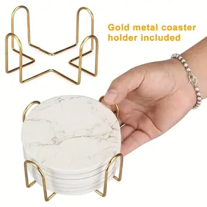12-piece white marble pattern absorbent ceramic coaster set with gold stand, suitable for holiday parties, home dining rooms, and bar decorations