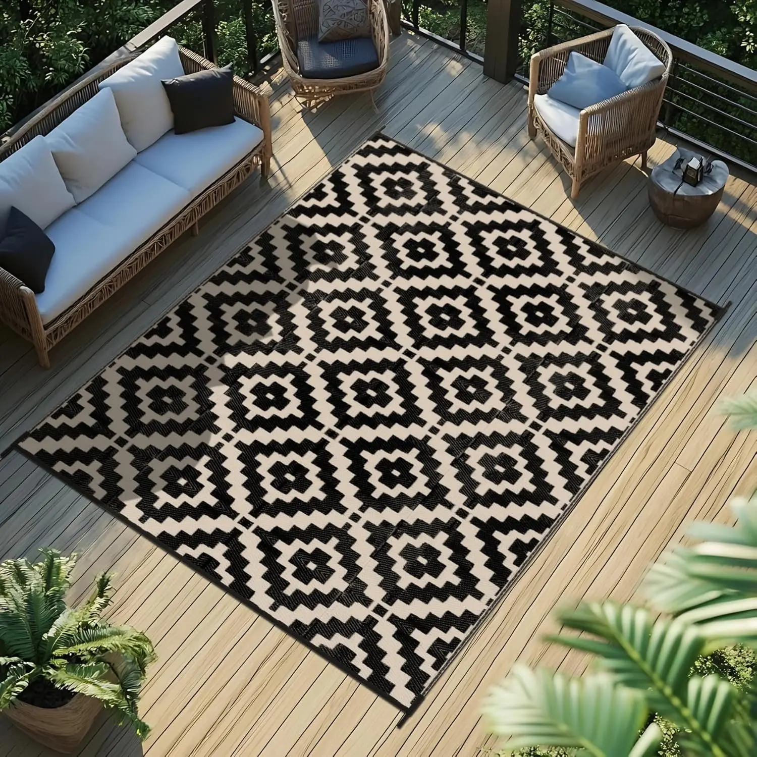 Outdoor Recycled Plastic Synthetic Rug - 8x10 ft, Vibrant, Durable, Weatherproof, Foldable, Modern Reversible Decor Mat with 4' x 6' Rectangular Option, Clearance Multi-Size for Patio, Pool Area