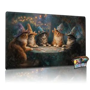 Five Anthropomorphic Cats Wizard Hat TCG MTG Playmat 12x24inch, Enchanted Forest Night Gathering Card Game Mat, Non-Slip for Tabletop Gaming, Perfect for Family Party & Gift, Gaming Mousepad