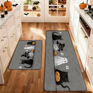 Set of 2Halloween Kitchen Mats, Bat Pumpkin Broom Ghost Design, Non-Slip Low Profile, Halloween Farm Party Floor Mat, Home Kitchen Decor