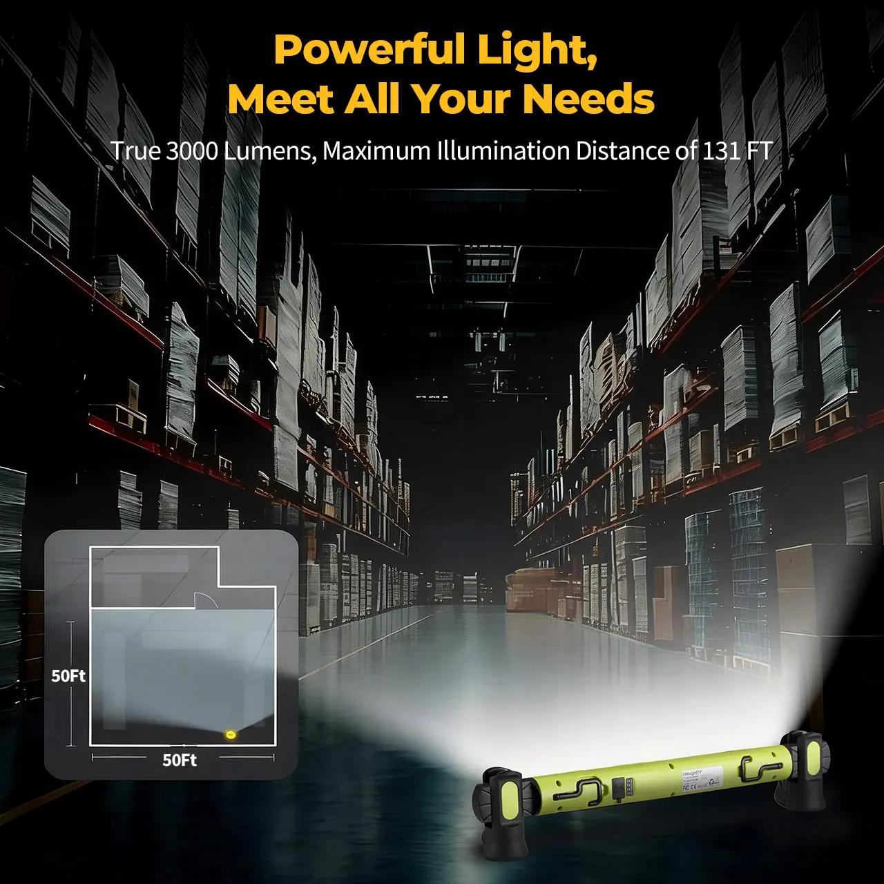 Work Light/Flashlight 3000LM, rechargeable underhood light 5200mAh with magnetic base & hanging hook, practical light for car repair/garage/construction site/power outage/emergencies, waterproof and durable LED lamp