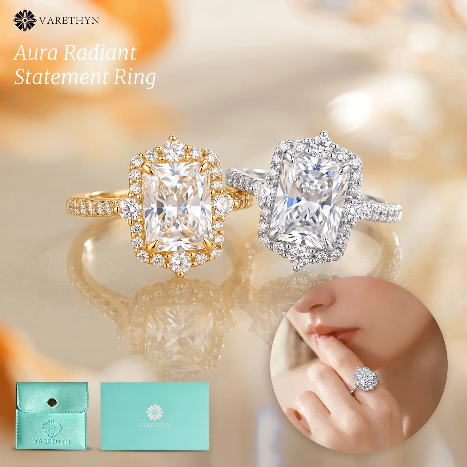 Elegant 3CT Radiant Cut Eco Diamond Ring Classic Rectangular Sunburst Halo Promise Ring