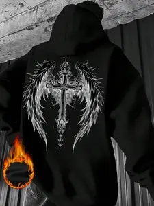 Men's Plus Size Casual Street Style Long Sleeves Graphic Gothic Streetwear Hoodie, Wings and Cross Pattern Print, Fall Winter Fashion, Comfortable and Stylish