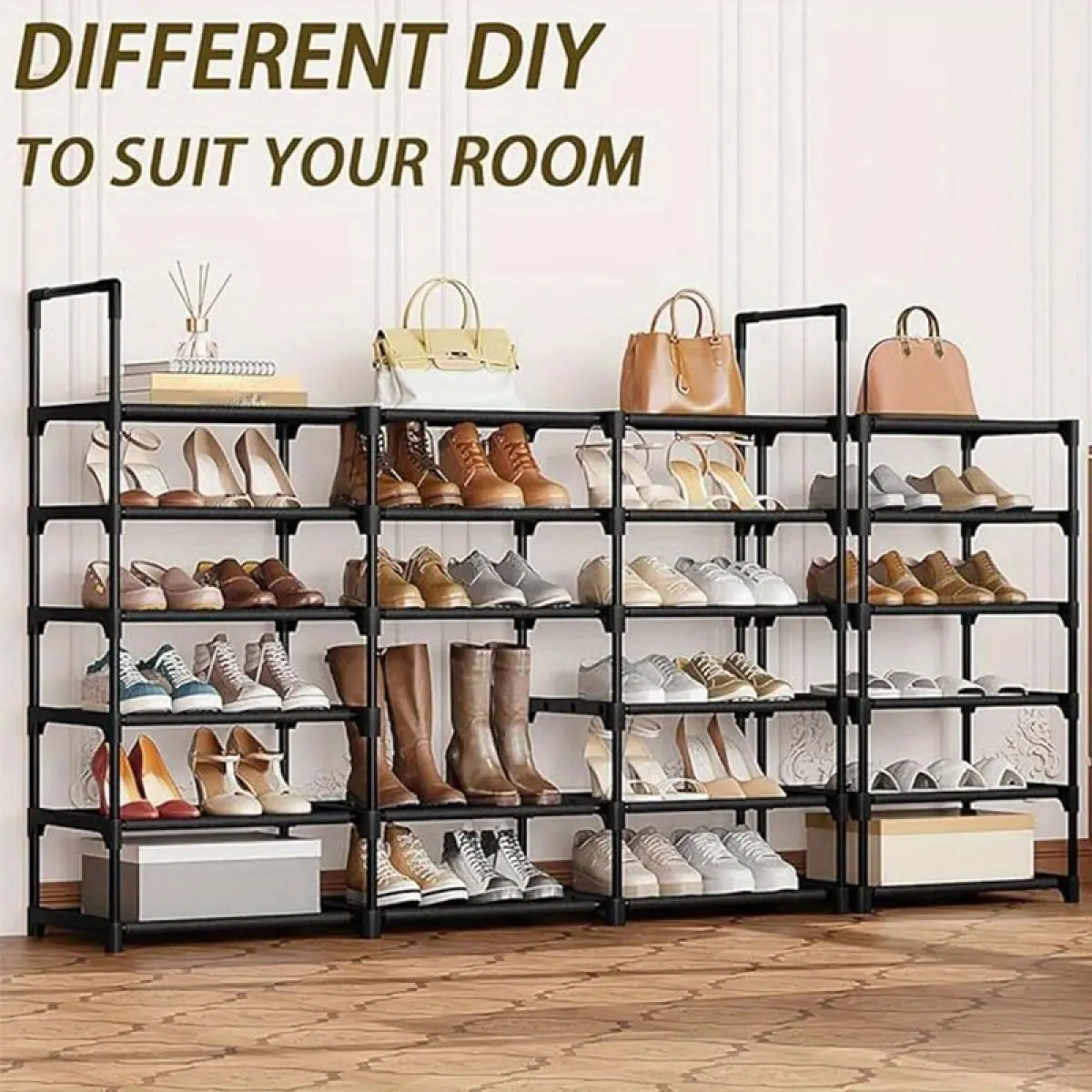 9 Tiers Large Shoe Rack Storage Organizer for Closet 50-55 Pairs Shoe Tower Unit Shelf Stackable Shoe Rack with Metal Pipes Plastic Connectors Black