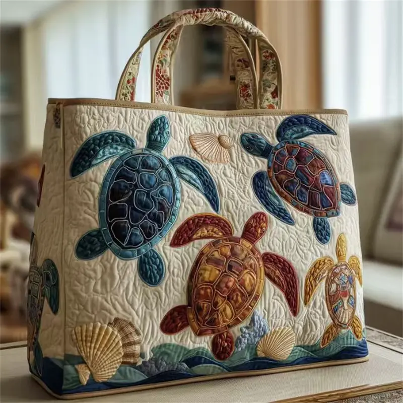 Tote Handbag, Women Sea Turtle Seashell Ocean Animal Print Coastal Stylish Quilted Polyester Printed Tote Bag, For Ladies Beach Vacation Daily Shopping Travel Casual Outdoor Gathering, Large Capacity Lightweight Reusable Durable Portable Storage Handbag