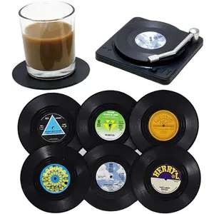 6 count Retro CD Record Coasters with Holder Vinyl Mug Mats Non-Slip Drink Coaster Set for  Glass  Coffee Home Kitchen Decor  Idea