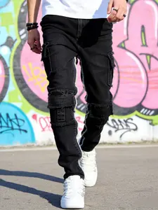 Men's Fashion Hip-Hop Streetwear Cargo Pants, Multi-Pocket Slim-Fitting Plain Long Jeans, Casual Workwear Denim Trousers for All Seasons