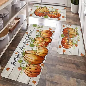 2/3pcs Autumn Thanksgiving Watercolor Pumpkin Kitchen Floor Mat Carpet, Retro Pumpkin Flannel Soft Floor Mat, Kitchen Anti Drop and Anti Slip Floor Mat, Thanksgiving Party Kitchen, Dining Room, Living Room, Entrance Door, Laundry Floor Decoration Carpet