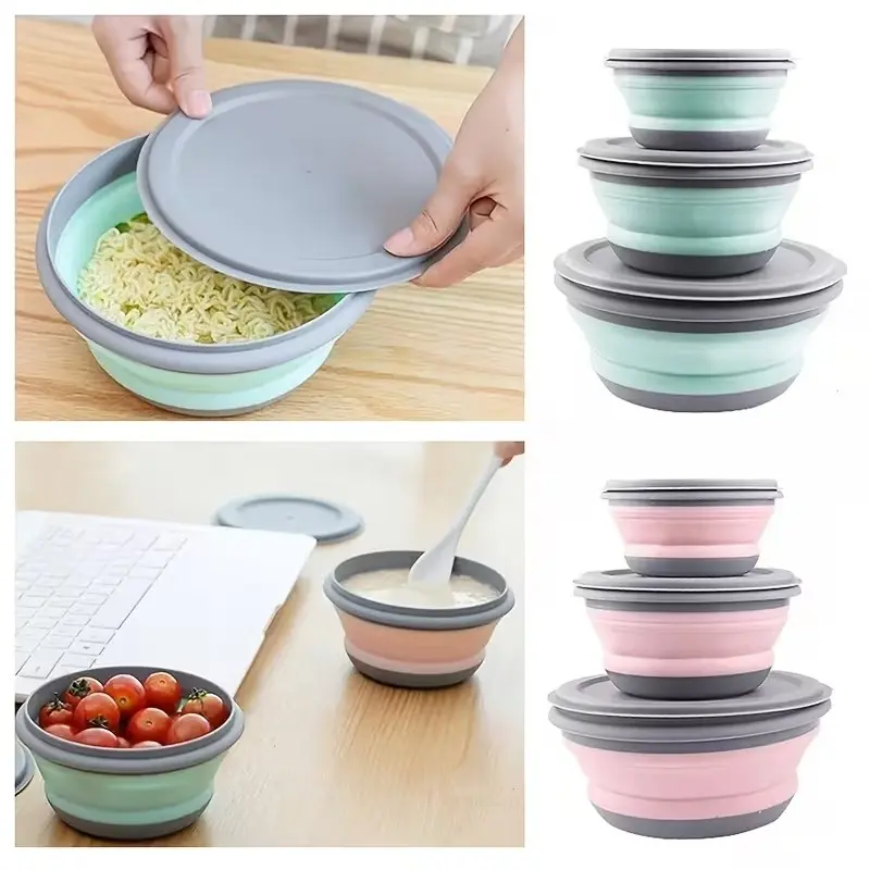 3set Camping Bowl, Foldable Collapsible Bowl, Lunch Box, Salad Bowl Lid, Expandable Food Storage Container, Bento Box, Outdoor Kitchen Supplies, Camping Kitchenware