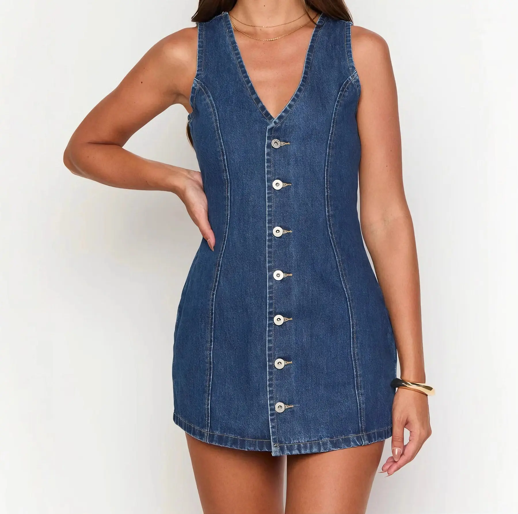 Spring/Summer 2026 Buttoned Placket Tie-Waist Denim Dress Vintage Fashion Sleeveless Skirt Casual Elegance