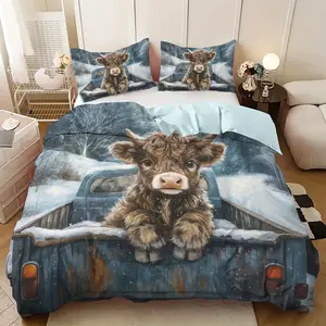3pcs Highland Cow Pattern Duvet Cover Set, Bedroom Bedding Set, Printed Bedding Set, 2D Flat Print, Includes 1 Duvet Cover & 2 Pillowcases, Excludes Duvet Insert and Pillow Inserts, Soft, Suitable for Bedrooms