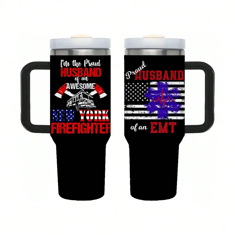 40 Oz Firefighter / EMT Husband Tumbler With Handle And Straw Double Double Wall Dual Layer Vacuum Cup Portable Leak-proof Cup With Handle Stainless Steel Tumbler,Straw Drinkware, Cute Accent Mug, Cold Sippy Coffee cups,Travel Cups Bottles,Father Day Gift