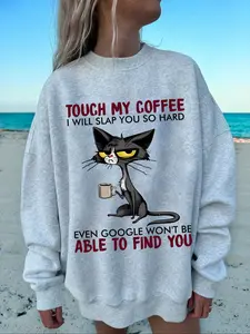 Cartoon Cat & Slogan Print Loose Pullover Hoodie, Long Sleeve, Soft Comfortable Fabric, Fashionable Casual Wear for All Seasons, Stylish Sports Sweatshirt