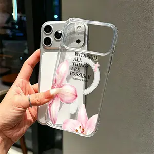 Pink Lily Flower Cross Inspirational Quote Phone Case， Elegant Faith Style for iPhone 17 16 15 14 13 12 11 Plus Pro Max.
