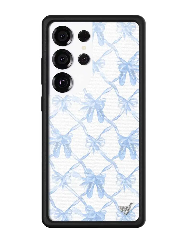 Blue On Pointe | Limited Edition Trendy iPhone Case | Raised Protective Black Bumper | Women Owned Small Business | White Background Baby Blue Ribbon Designs | Safety Casing Protective | Gift for Her